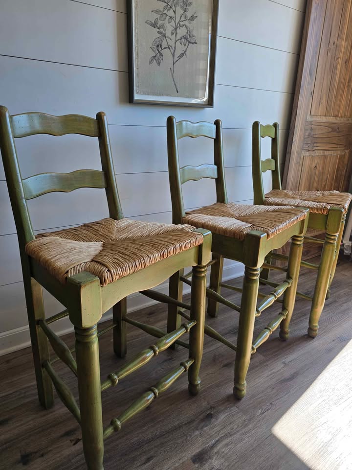 Set of 3 Solid Wood Rush Seat counter-height stools